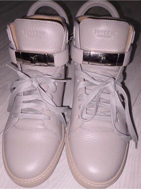 Buscemi High-Top Leather Sneakers in Light Taupe with Silver Hardware